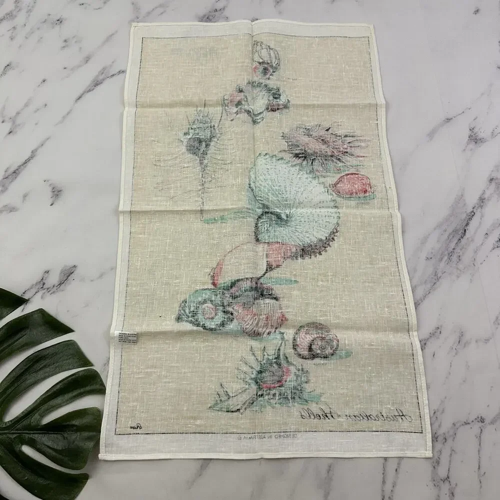 Vintage 70s Australian Sea Shells Linen Tea Towel New Yellow Blue Mollymook NSW